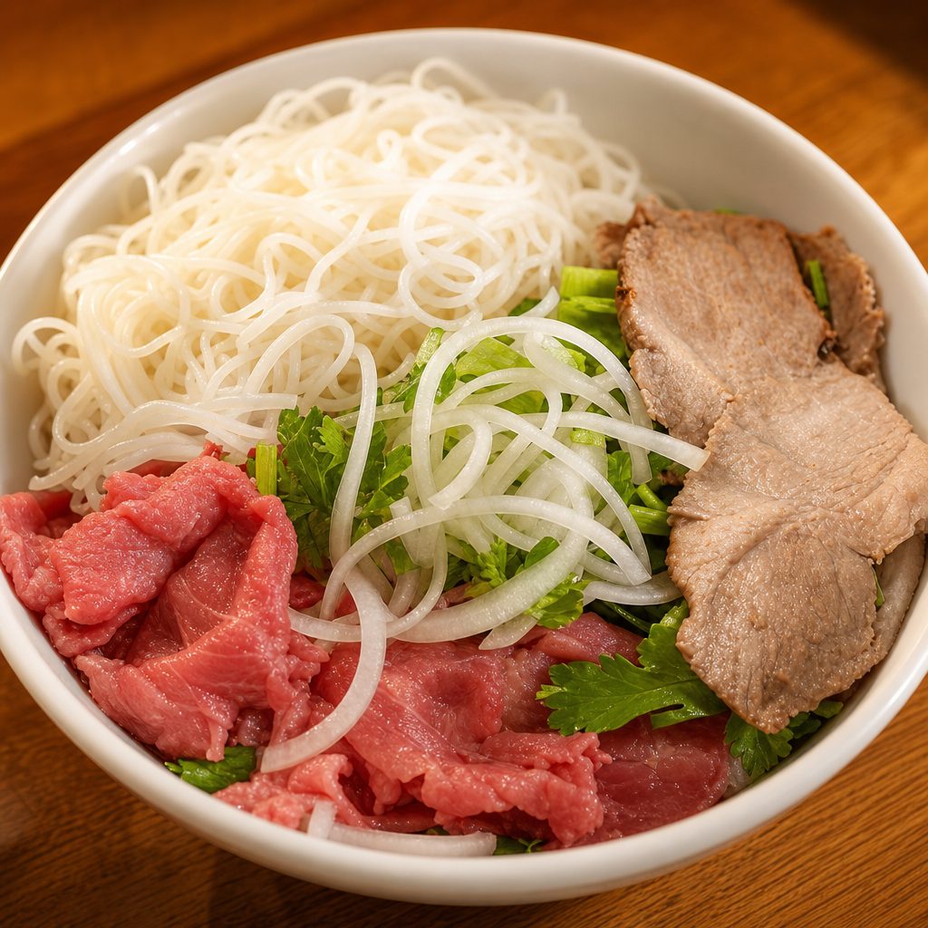Pho with Rare Beef, Well-done Brisket, and Tripe.