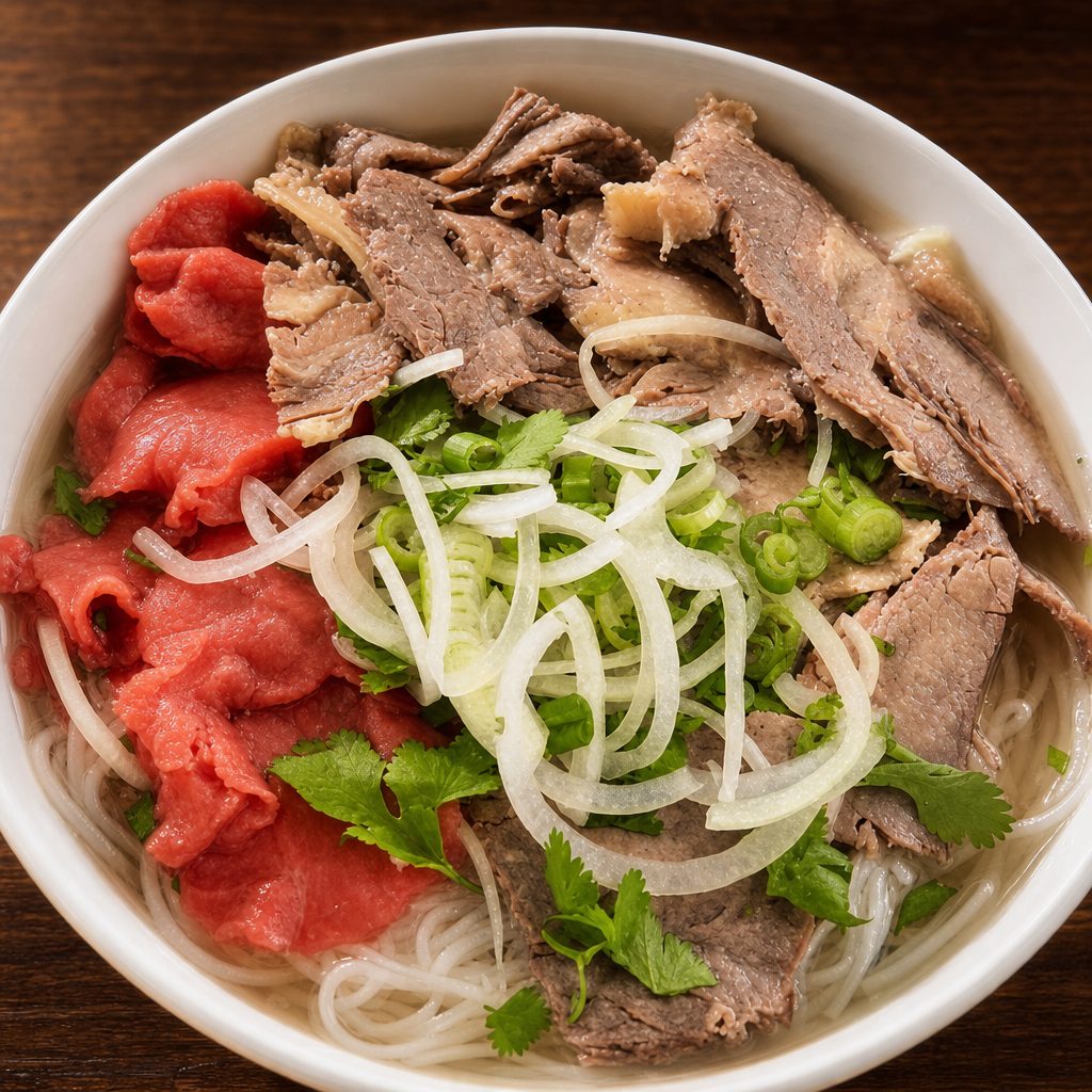 Pho with Rare Beef, Beef Brisket, and Beef Flank.
