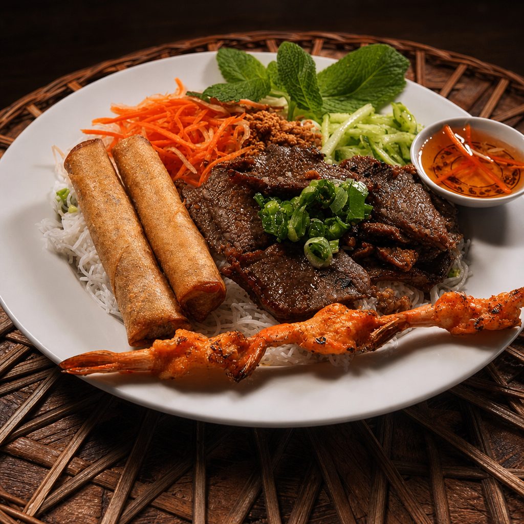Charbroiled Meat, Shrimp, Eggrolls Vermicelli.