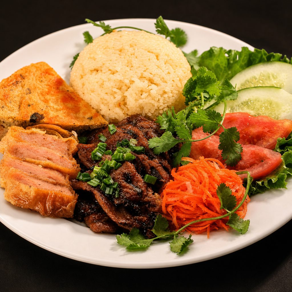 Charbroiled Meat, Egg Quiche and Fried Shrimp Patty.