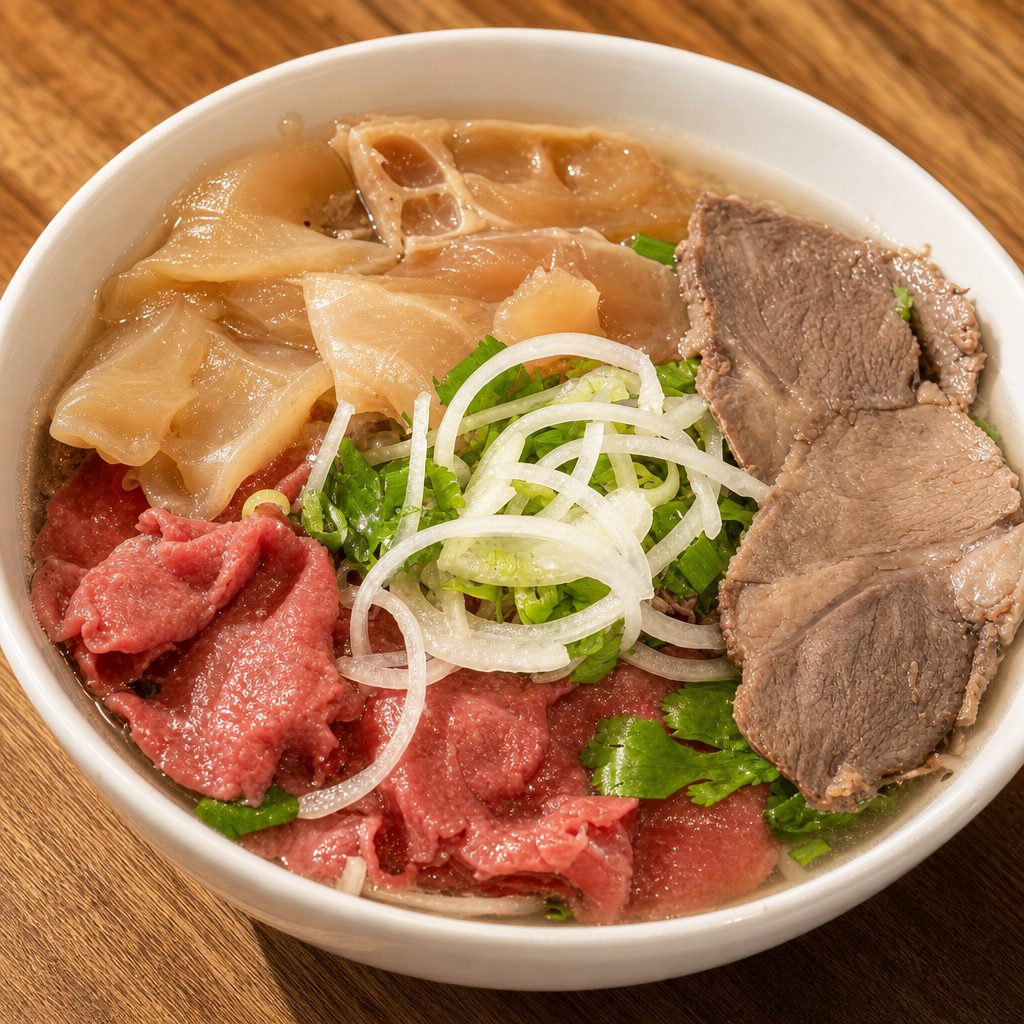 Pho with Rare Beef, Well-done Brisket, and Tendon.