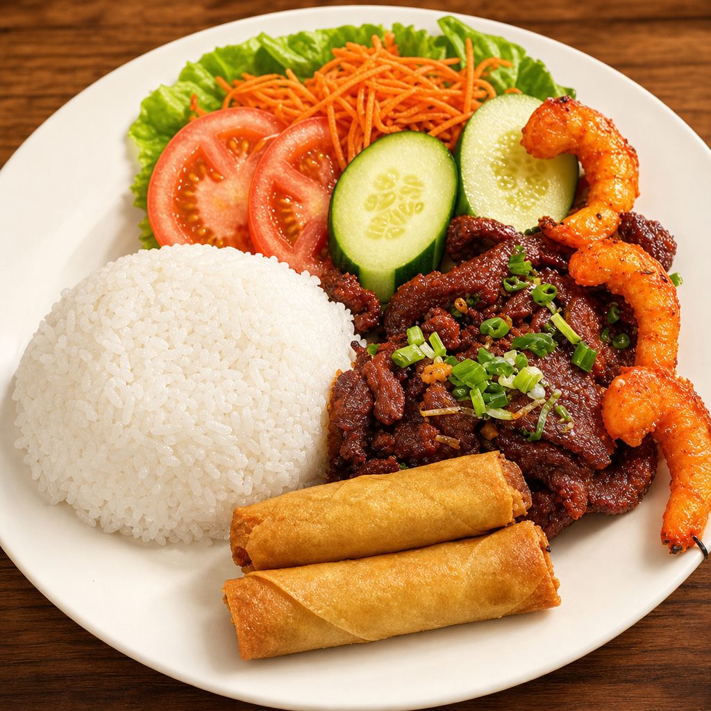 Charbroiled Meat, Shrimp, Eggrolls.